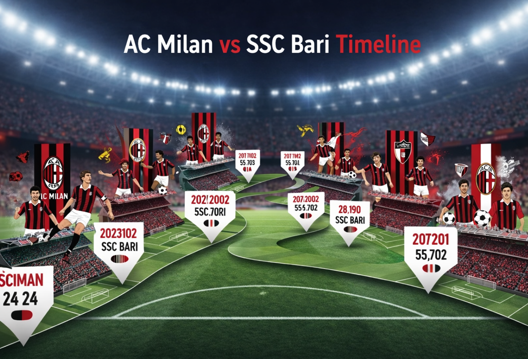Timeline infographic of historic AC Milan vs SSC Bari football matchups with scores and player highlights