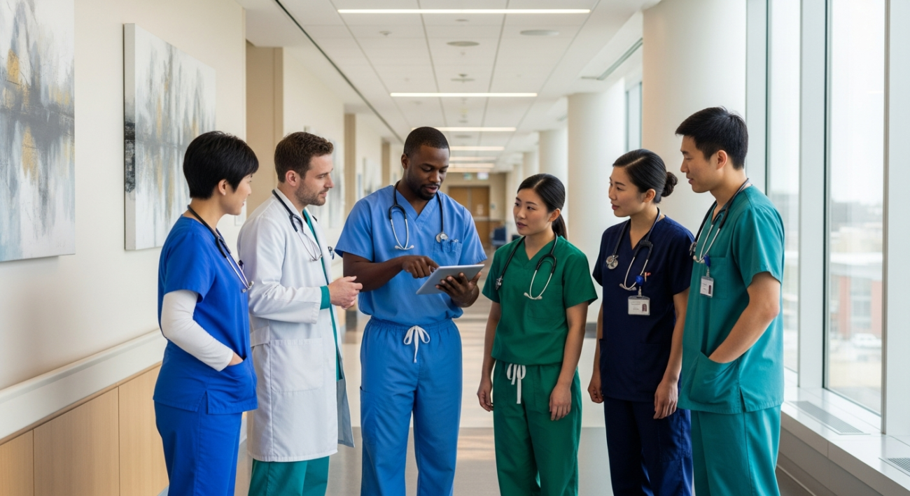Healthcare team collaborating in a hospital hallway, discussing patient care with focused expressions.